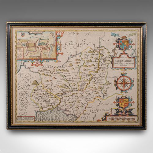 fig 1. Antique Carmarthenshire County Map, Framed Wales Cartography, John Speed, C.1662