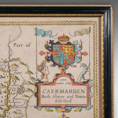 fig 2. Antique Carmarthenshire County Map, Framed Wales Cartography, John Speed, C.1662