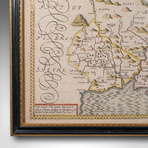 fig 4. Antique Carmarthenshire County Map, Framed Wales Cartography, John Speed, C.1662