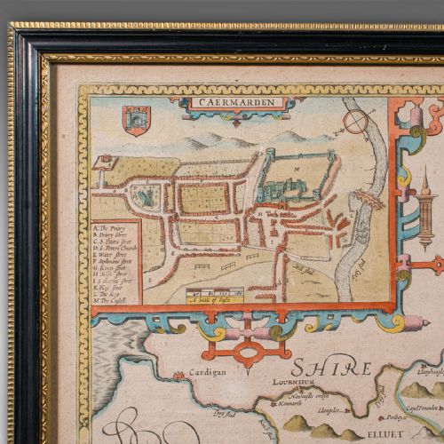 fig 5. Antique Carmarthenshire County Map, Framed Wales Cartography, John Speed, C.1662