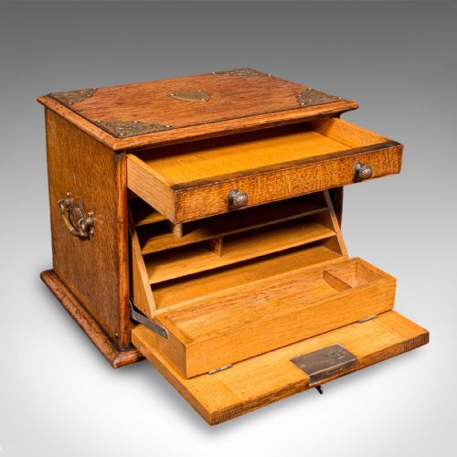 ANTIQUE STATIONERY BOX ENGLISH GOLDEN OAK FALL FRONT DESK TIDY EDWARDIAN - ADDITIONAL PHOTO 1