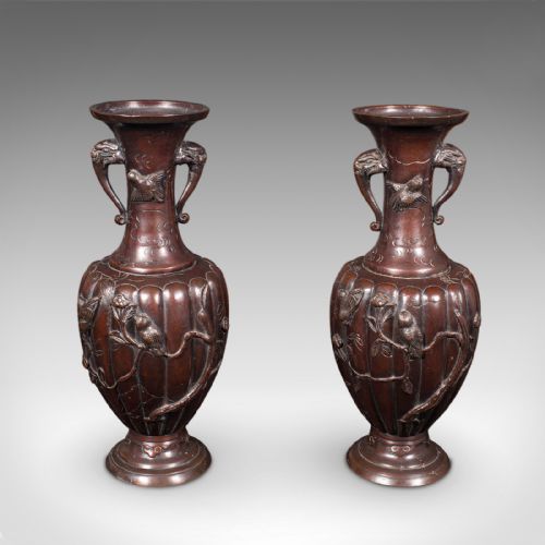 PAIR OF ANTIQUE STEM VASES JAPANESE BRONZE MEIJI ERA BALUSTER URN VICTORIAN - ADDITIONAL PHOTO 1