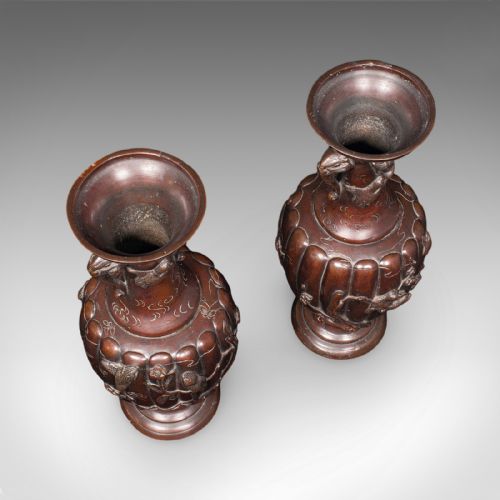 PAIR OF ANTIQUE STEM VASES JAPANESE BRONZE MEIJI ERA BALUSTER URN VICTORIAN - ADDITIONAL PHOTO 5