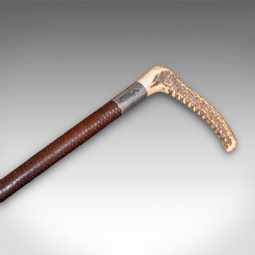 fig 2. An antique English hunting whip featuring a stag horn hook handle, silver collar band, dark shaft, and a long braided chestnut leather thong.