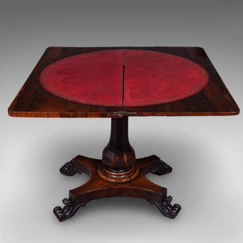 ANTIQUE FOLDOVER CARD TABLE ENGLISH GAMES CONSOLE BRIDGE EARLY VICTORIAN - ADDITIONAL PHOTO 4