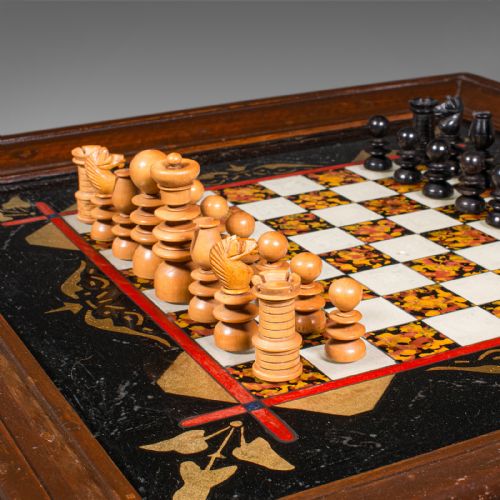 fig 2. Antique Chess Board Set, English Painted Glass, Pine, Parlour Game, Edwardian