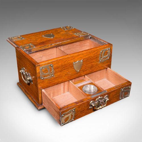ANTIQUE SMOKER'S BOX ENGLISH OAK BRASS CIGAR CASE CLUB LOUNGE EDWARDIAN