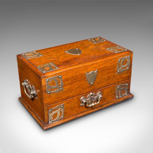 ANTIQUE SMOKER'S BOX ENGLISH OAK BRASS CIGAR CASE CLUB LOUNGE EDWARDIAN - ADDITIONAL PHOTO 1