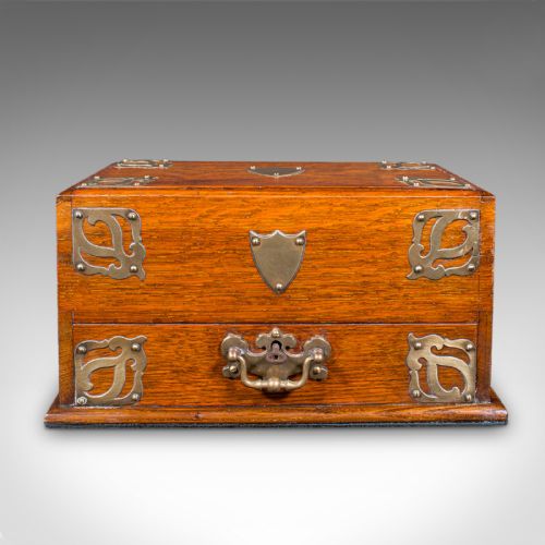 ANTIQUE SMOKER'S BOX ENGLISH OAK BRASS CIGAR CASE CLUB LOUNGE EDWARDIAN - ADDITIONAL PHOTO 2