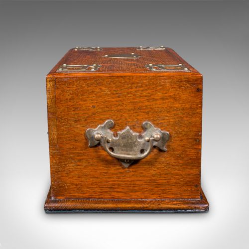 ANTIQUE SMOKER'S BOX ENGLISH OAK BRASS CIGAR CASE CLUB LOUNGE EDWARDIAN - ADDITIONAL PHOTO 5