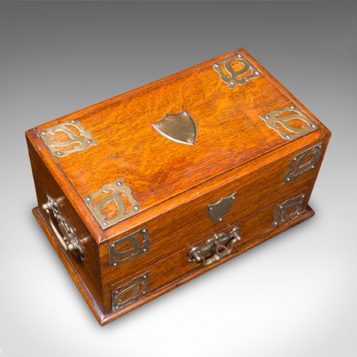 ANTIQUE SMOKER'S BOX ENGLISH OAK BRASS CIGAR CASE CLUB LOUNGE EDWARDIAN - ADDITIONAL PHOTO 6