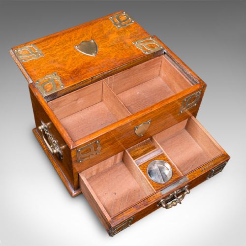 ANTIQUE SMOKER'S BOX ENGLISH OAK BRASS CIGAR CASE CLUB LOUNGE EDWARDIAN - ADDITIONAL PHOTO 7