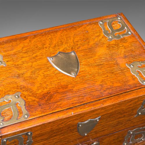 ANTIQUE SMOKER'S BOX ENGLISH OAK BRASS CIGAR CASE CLUB LOUNGE EDWARDIAN - ADDITIONAL PHOTO 8