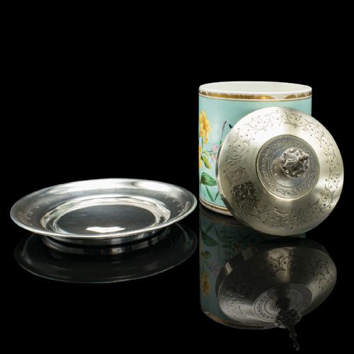 ANTIQUE BISCUIT BARREL ENGLISH CERAMIC SILVER PLATE KITCHEN JAR VICTORIAN - ADDITIONAL PHOTO 1