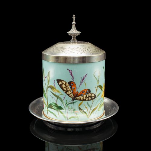 ANTIQUE BISCUIT BARREL ENGLISH CERAMIC SILVER PLATE KITCHEN JAR VICTORIAN - ADDITIONAL PHOTO 2