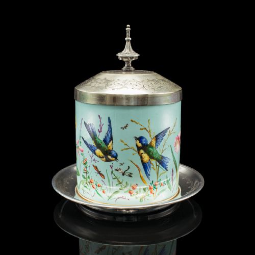 ANTIQUE BISCUIT BARREL ENGLISH CERAMIC SILVER PLATE KITCHEN JAR VICTORIAN - ADDITIONAL PHOTO 3