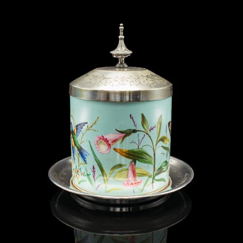 ANTIQUE BISCUIT BARREL ENGLISH CERAMIC SILVER PLATE KITCHEN JAR VICTORIAN - ADDITIONAL PHOTO 4
