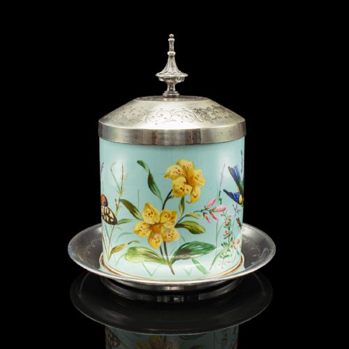 ANTIQUE BISCUIT BARREL ENGLISH CERAMIC SILVER PLATE KITCHEN JAR VICTORIAN - ADDITIONAL PHOTO 5