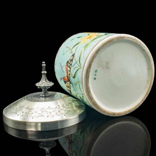 ANTIQUE BISCUIT BARREL ENGLISH CERAMIC SILVER PLATE KITCHEN JAR VICTORIAN - ADDITIONAL PHOTO 11
