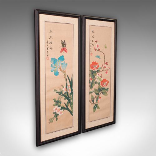 Pair of Antique Guo Hua Panels, Oriental Art, Watercolour, Woven Silk, Edwardian