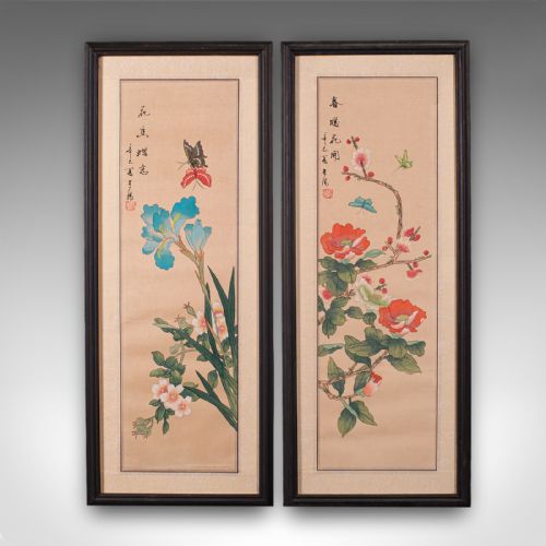 fig 1. Pair Of Antique Guo Hua Panels, Oriental Art, Watercolour, Woven Silk, Edwardian