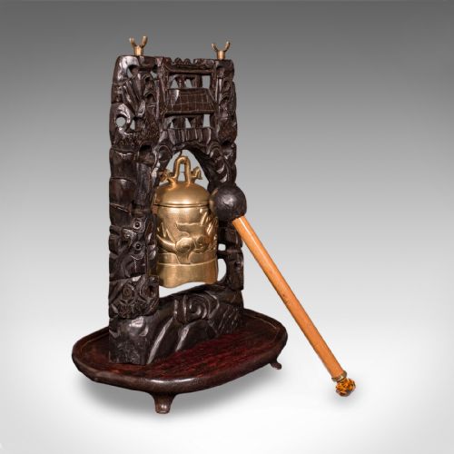 ANTIQUE TEA CEREMONY GONG ORIENTAL CARVED STAND BRASS BELL EDWARDIAN C1910 - ADDITIONAL PHOTO 1
