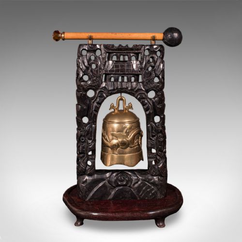 ANTIQUE TEA CEREMONY GONG ORIENTAL CARVED STAND BRASS BELL EDWARDIAN C1910 - ADDITIONAL PHOTO 2
