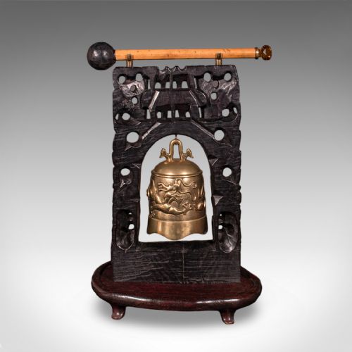 ANTIQUE TEA CEREMONY GONG ORIENTAL CARVED STAND BRASS BELL EDWARDIAN C1910 - ADDITIONAL PHOTO 4