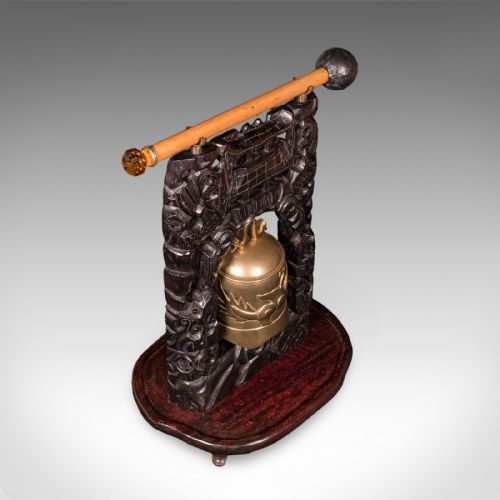 ANTIQUE TEA CEREMONY GONG ORIENTAL CARVED STAND BRASS BELL EDWARDIAN C1910 - ADDITIONAL PHOTO 6