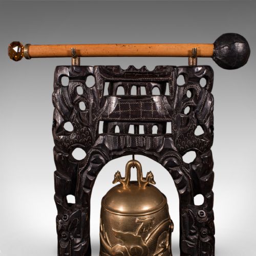 ANTIQUE TEA CEREMONY GONG ORIENTAL CARVED STAND BRASS BELL EDWARDIAN C1910 - ADDITIONAL PHOTO 7