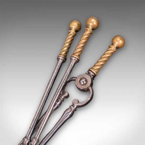 ANTIQUE COMPANION SET THREE FIRESIDE TOOLS ENGLISH STEEL BRASS VICTORIAN - ADDITIONAL PHOTO 6