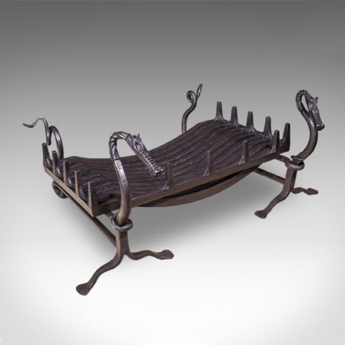 ANTIQUE DRAGON MOTIF FIREPLACE SET ENGLISH FIRE BASKET ANDIRONS EDWARDIAN