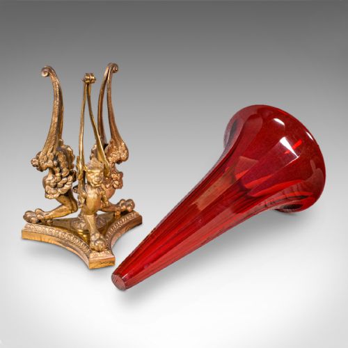 fig 1. Antique Epergne, French, Gilt Bronze, Cranberry Art Glass, Flower Vase, C.1920
