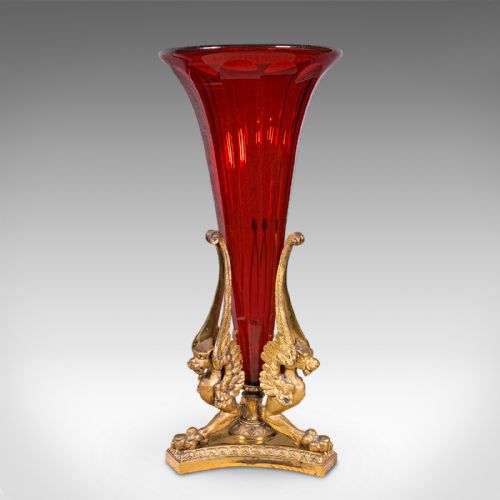 fig 2. Antique Epergne, French, Gilt Bronze, Cranberry Art Glass, Flower Vase, C.1920