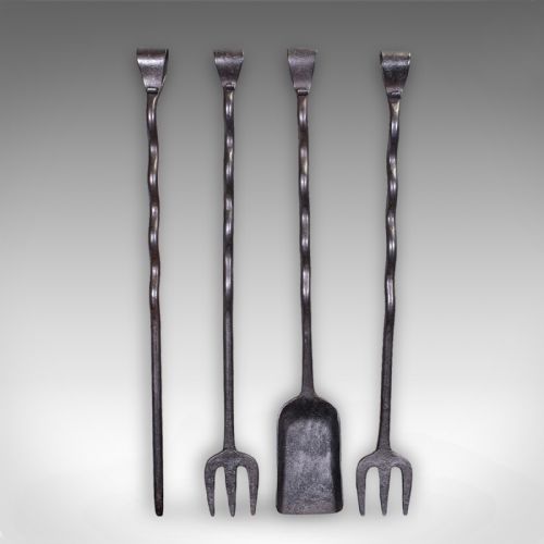 4 ANTIQUE COUNTRY HOUSE INGLENOOK FIRE TOOLS ENGLISH COMPANION SET VICTORIAN - ADDITIONAL PHOTO 1