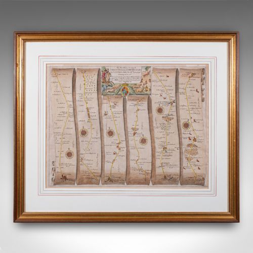 ANTIQUE COACHING MAP SALISBURY TO CAMPDEN ENGLISH FRAMED CARTOGRAPHY OGILBY - ADDITIONAL PHOTO 1