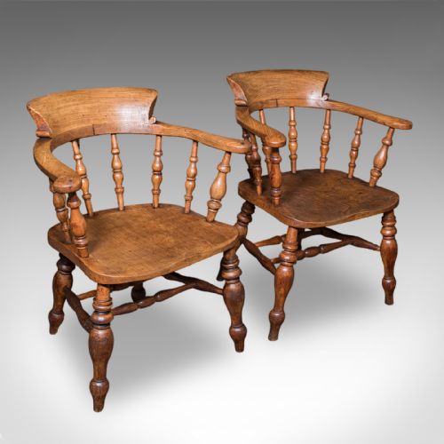 PAIR OF ANTIQUE COUNTRY HOUSE CAPTAIN'S CHAIRS ENGLISH SMOKER'S BOW VICTORIAN