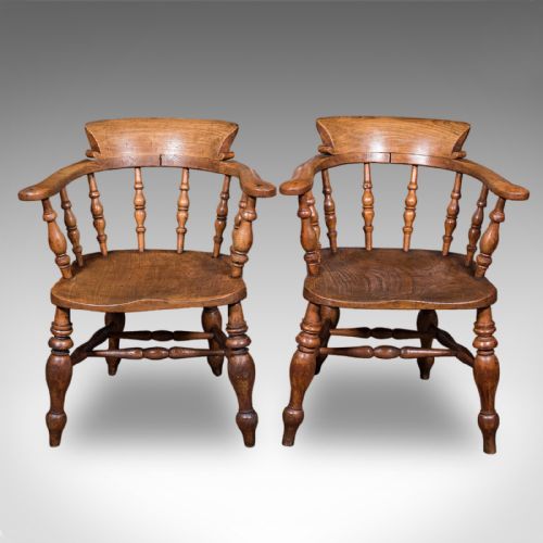 PAIR OF ANTIQUE COUNTRY HOUSE CAPTAIN'S CHAIRS ENGLISH SMOKER'S BOW VICTORIAN - ADDITIONAL PHOTO 1