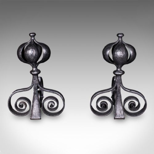 Pair of Antique Fireplace Andirons, French, Country House Hearth, Art Nouveau