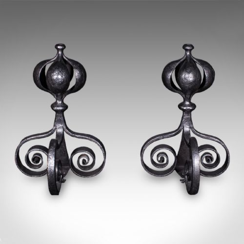 fig 1. Pair of Antique Fireplace Andirons, French, Country House Hearth, Art Nouveau