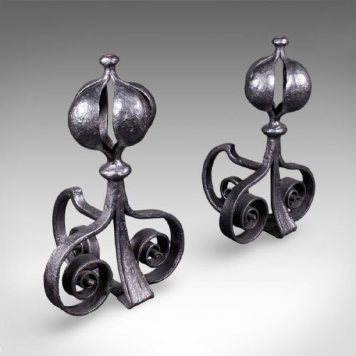 fig 2. Pair of Antique Fireplace Andirons, French, Country House Hearth, Art Nouveau