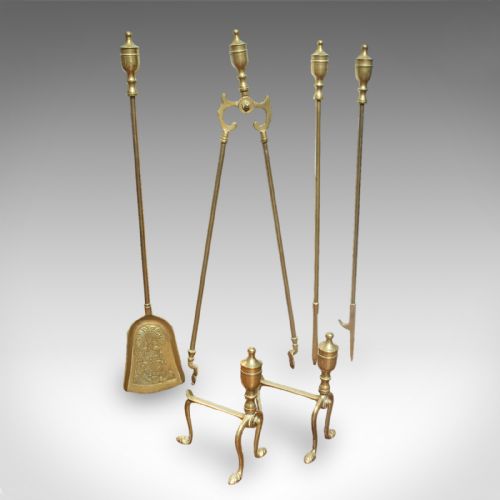 4 ANTIQUE FIRESIDE TOOLS ENGLISH BRASS FIREPLACE COMPANION SET VICTORIAN