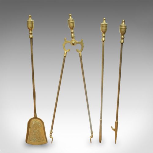 4 ANTIQUE FIRESIDE TOOLS ENGLISH BRASS FIREPLACE COMPANION SET VICTORIAN - ADDITIONAL PHOTO 1
