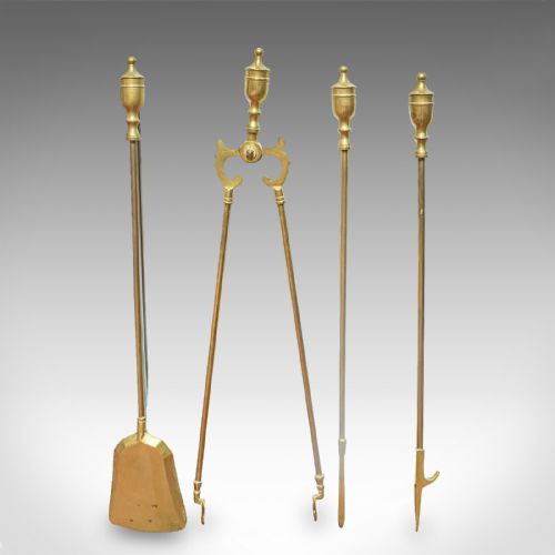 4 ANTIQUE FIRESIDE TOOLS ENGLISH BRASS FIREPLACE COMPANION SET VICTORIAN - ADDITIONAL PHOTO 2