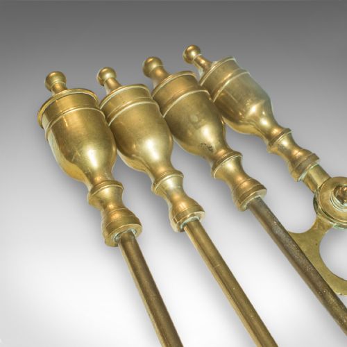 4 ANTIQUE FIRESIDE TOOLS ENGLISH BRASS FIREPLACE COMPANION SET VICTORIAN - ADDITIONAL PHOTO 9