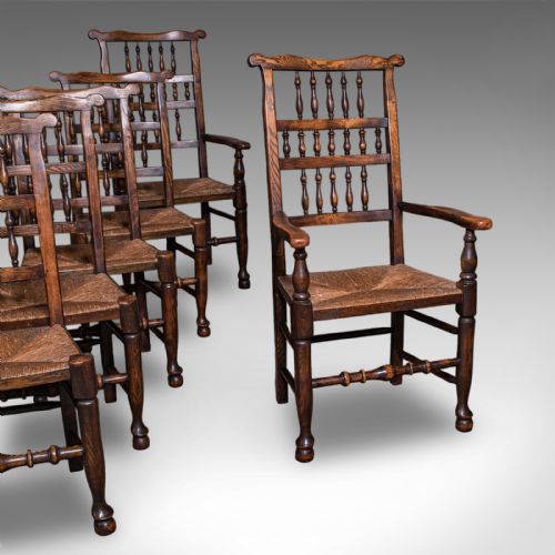 6 ANTIQUE LANCASHIRE DINING CHAIRS ENGLISH BEECH CARVER SEAT EDWARDIAN 1905