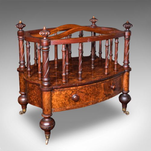 ANTIQUE CANTERBURY STAND ENGLISH BURR WALNUT NEWSPAPER MAGAZINE REGENCY