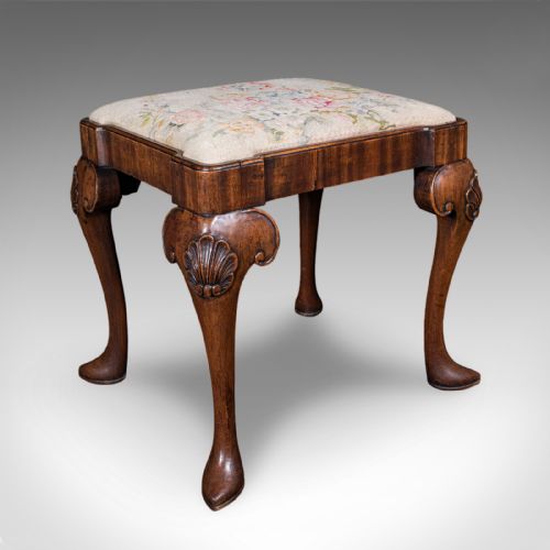 ANTIQUE QUEEN ANNE REVIVAL DRESSING STOOL ENGLISH NEEDLEPOINT VICTORIAN 1870