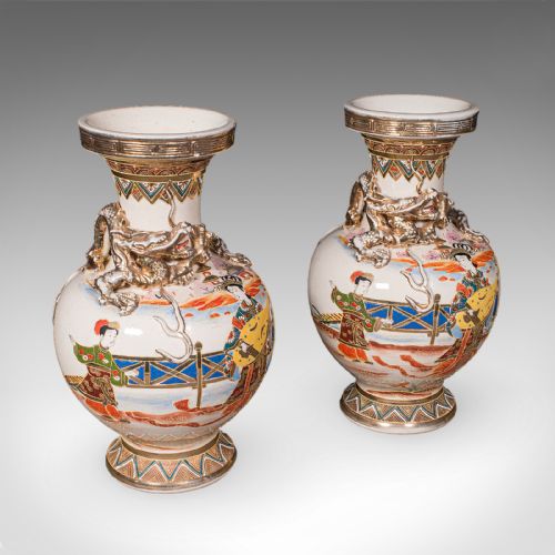 PAIR OF ANTIQUE SATSUMA VASES JAPANESE CERAMIC BALUSTER MEIJI LATE VICTORIAN