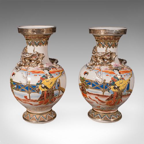PAIR OF ANTIQUE SATSUMA VASES JAPANESE CERAMIC BALUSTER MEIJI LATE VICTORIAN - ADDITIONAL PHOTO 1